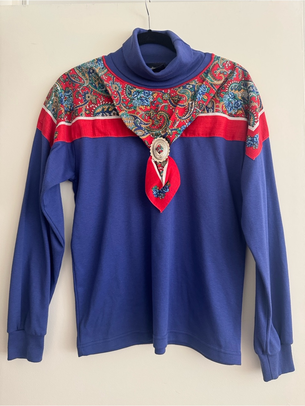 Vintage 90s ellemeno Blue Turtleneck Sweater with Red Paisley Yoke